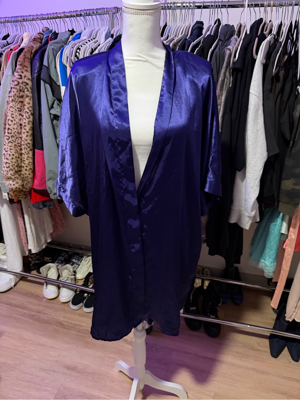 Frederick's of Hollywood Midnight Purple Satin Kimono Robe